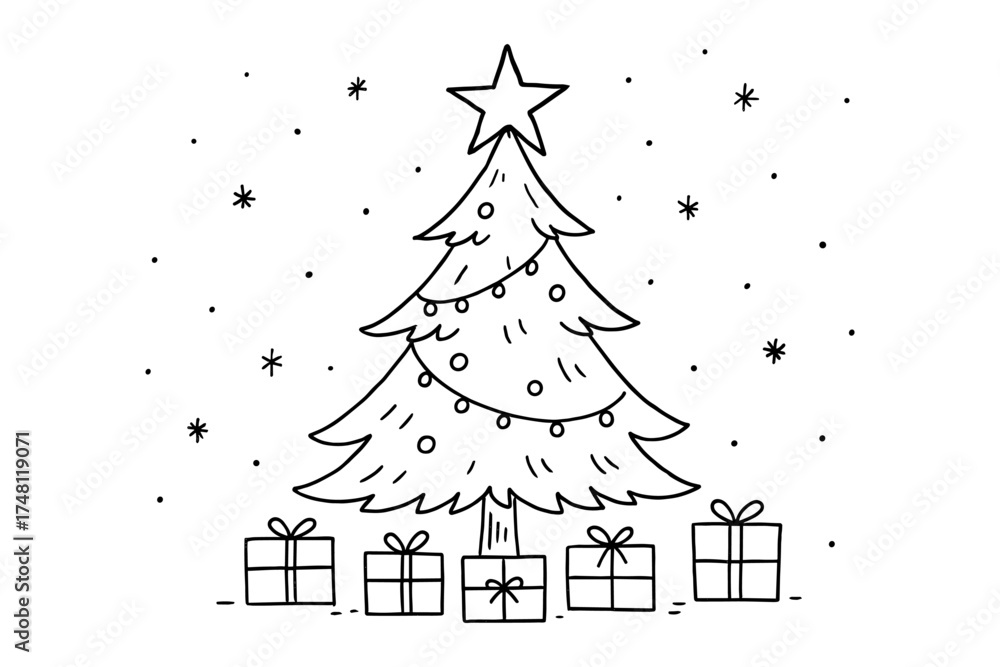 Fototapeta premium Simple linear christmas tree with gifts and stars in monochrome holiday design