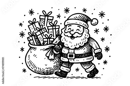 Jolly santa claus carrying a sack of presents in a festive black and white doodle art style