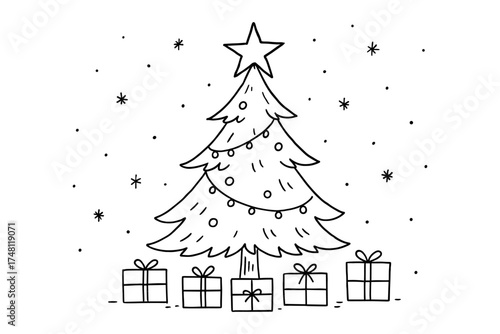 Simple linear christmas tree with gifts and stars in monochrome holiday design