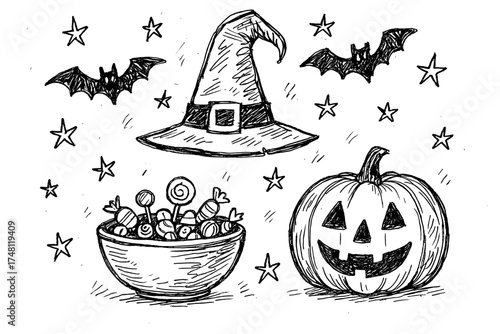 Halloween doodle: witch hat, pumpkin, and candy bowl in hand drawn style