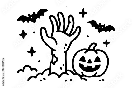 Spooky halloween graphic with creepy pumpkin and bats emerging from grave