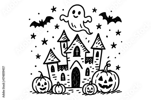 Halloween doodle: haunted castle with ghost, bats, and pumpkins