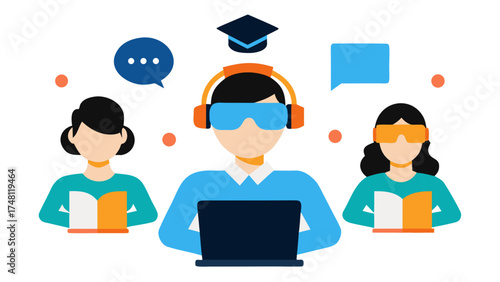 People learning with VR headsets and laptop on white background