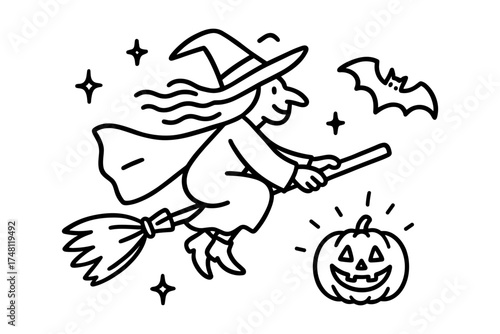 Flying witch with broomstick and pumpkin for halloween celebration