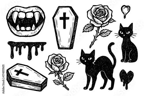 Dark gothic elements: hand-drawn cats, roses, coffins, and vampire fangs