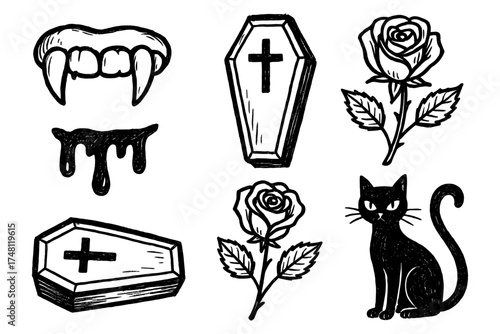 Halloween gothic elements: fangs, coffins, roses, and cat in sketch style