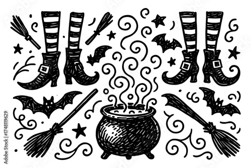 Spooky halloween cauldron with witch boots and broomsticks in doodle style