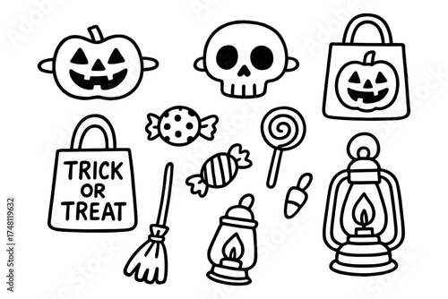 Halloween doodle set with pumpkins, skull, and trick or treat bags