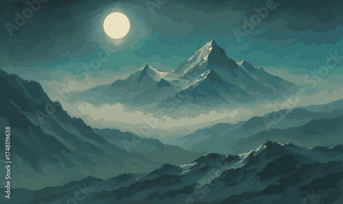 Misty Mountain Range Under Moonlight, Tranquil Landscape Illustration, mountain landscape, misty mountains, moonlit scene,