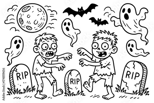 Halloween cartoon: zombies, ghosts, and gravestones under a spooky night sky