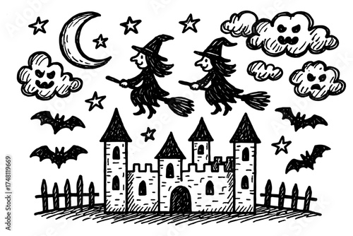 Hand-drawn halloween scene with witches, castle, and bats in black and white