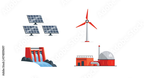 Renewable energy sources like solar, wind, hydro, and biomass power generation systems illustration