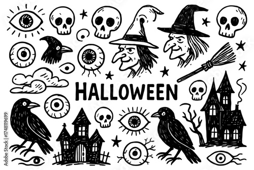 Spooky halloween doodle art with witches, crows, and haunted houses