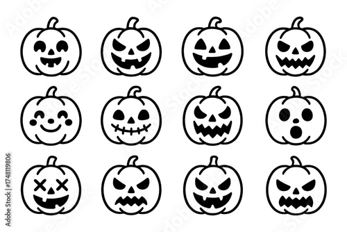 Halloween pumpkin faces: spooky monochrome jack o' lantern expressions for fall decor