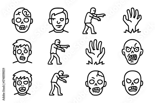 Zombie outline icons: creepy halloween set with walking dead faces and hands