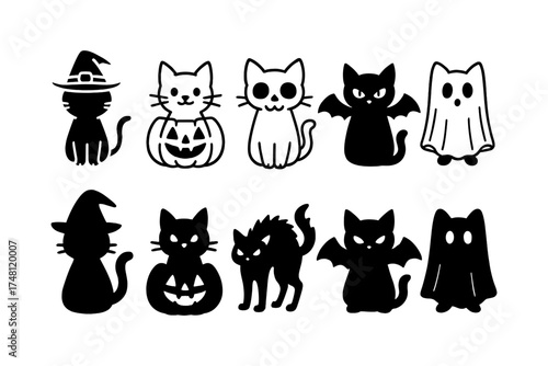 Cute halloween cats in silhouette: witch, pumpkin, skull, bat, ghost designs
