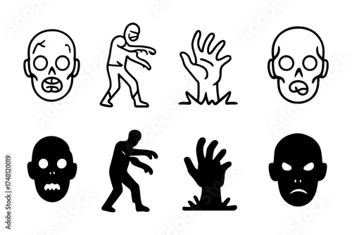 Zombie icons: bold outline designs of faces, hands, and walkers
