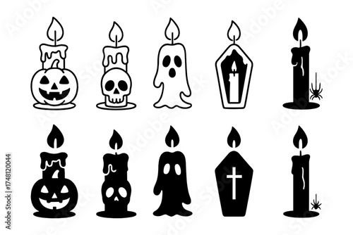 Halloween candle icons: spooky pumpkin, skull, ghost, and coffin designs