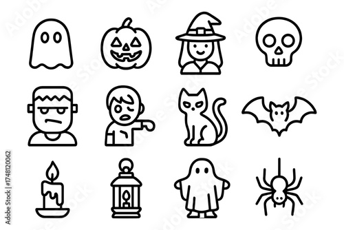 Halloween icon set featuring ghosts, pumpkins, witches, and more in linear style