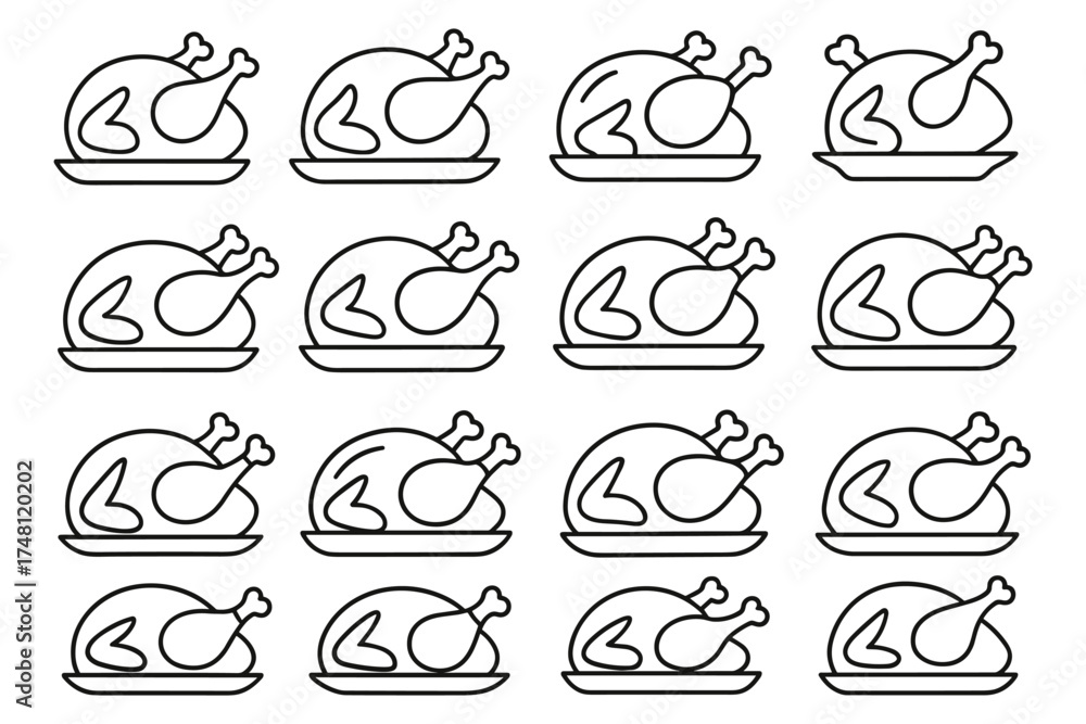 Obraz premium Seamless pattern of roast chicken outlines on plates in linear style