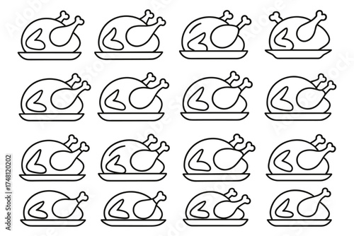 Seamless pattern of roast chicken outlines on plates in linear style