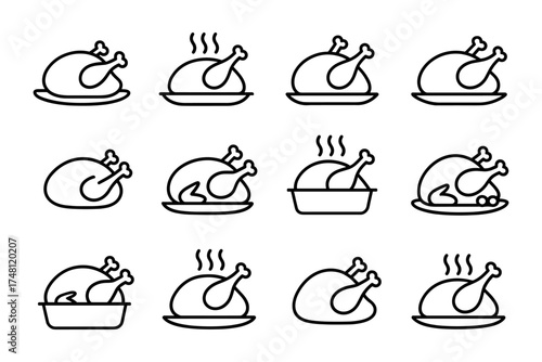 Collection of roast chicken icons in linear style for food and cooking designs
