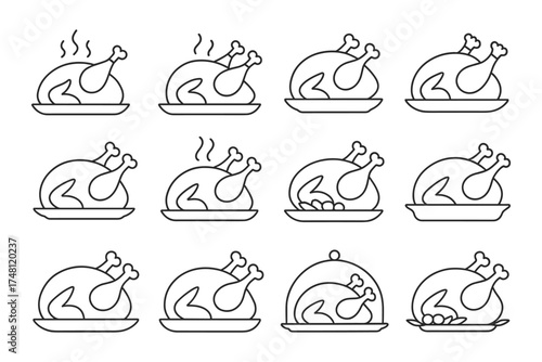 Line art roast turkey icons with different garnish and cover variations