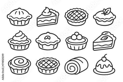 Assorted dessert outlines featuring pies and cakes in simple black line art