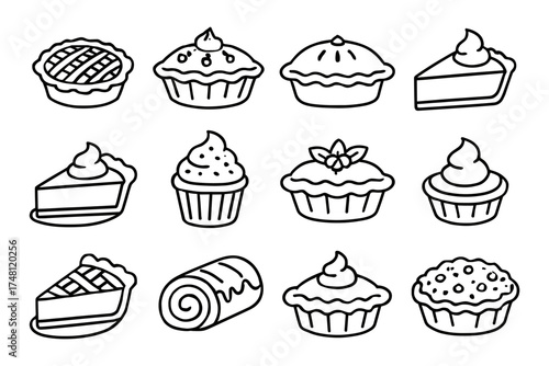 Black and white dessert outlines featuring various pies and cupcakes