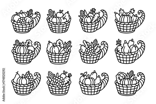 Harvest basket line art collection with fall fruits and vegetables