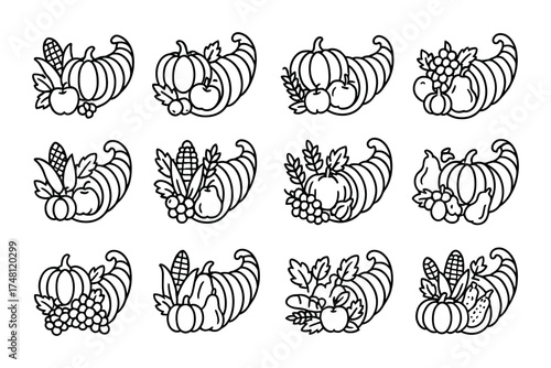 Cornucopia icons featuring harvest produce in linear style for autumn and thanksgiving themes
