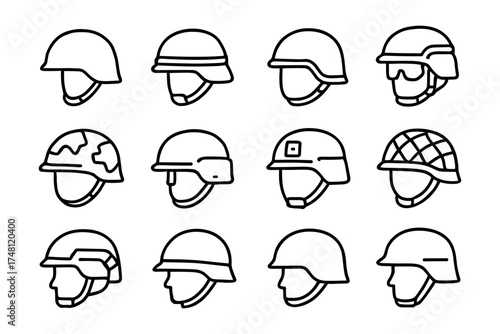 Military helmet collection in simple linear design featuring various styles and shapes