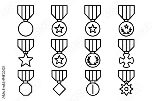 Collection of military medal icons in simple linear design