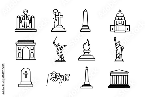 Outline icons of famous monuments and memorials with historic significance