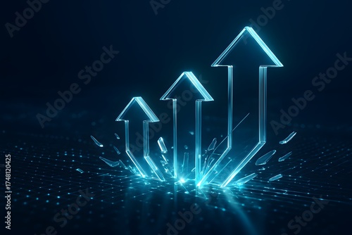 Three neon-blue arrows burst upward from a shattered grid—symbolizing growth, innovation, and data-driven success in a dynamic tech landscape.