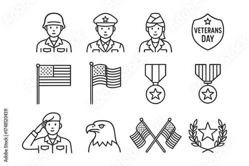 Veterans day celebration icons set featuring military personnel and symbols in linear style