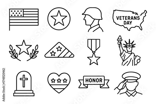Veterans day icons set featuring patriotic symbols and military tribute elements