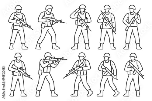 Outline soldiers in various poses with weapons in monochrome style