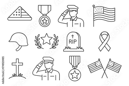 Linear memorial day icons including flag, soldier, and medal symbols