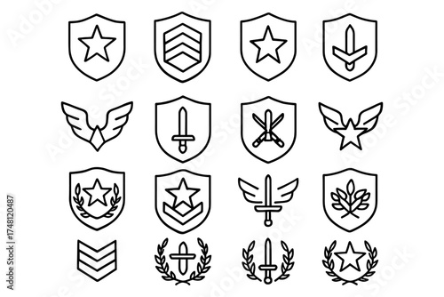 Set of linear military and heraldic emblems in black and white