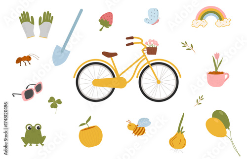 Spring set of hand drawn elements. Suitable for scrapbooking, greeting card, party invitation, poster, tag, sticker set. Vector illustration.