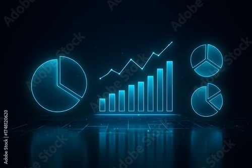 Glowing pie charts, bar graphs, and line trends—rendered in radiant blue against a dark grid, symbolizing high-tech analytics and strategic data visualization.