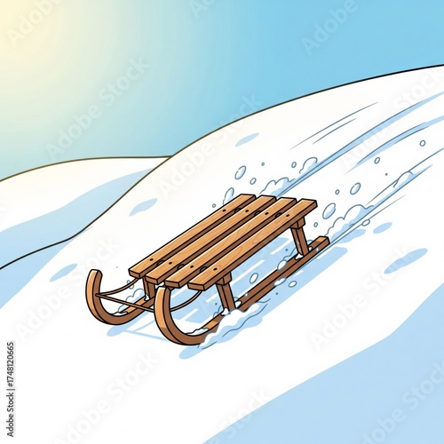 Wooden Sled on Snowy Hill Illustration in Winter Scene with Blue Sky and Sunlight