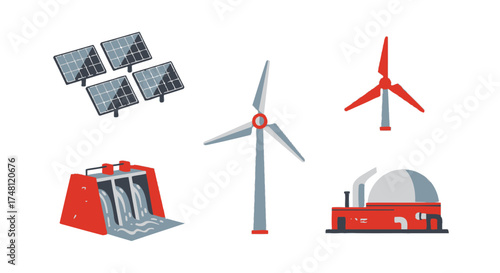 Sustainable energy sources and green technology illustrated icons representing renewable power generation