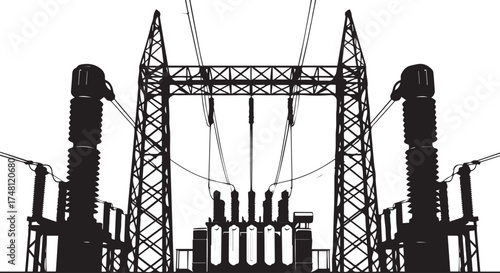 Silhouette of an electrical substation with highvoltage towers, transformers, and power lines isolated on transparent background