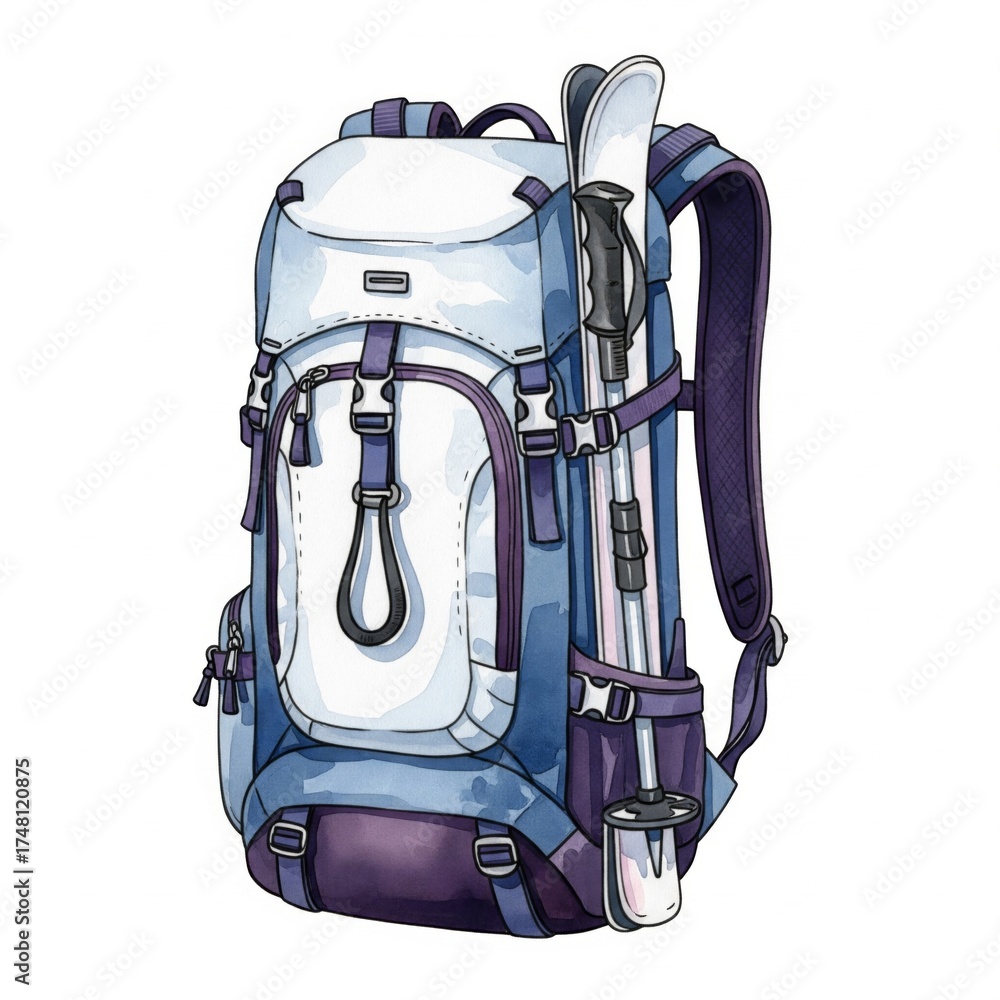 Naklejka premium Watercolor Backpack with Ski Poles and Skis in a Winter Blue Theme
