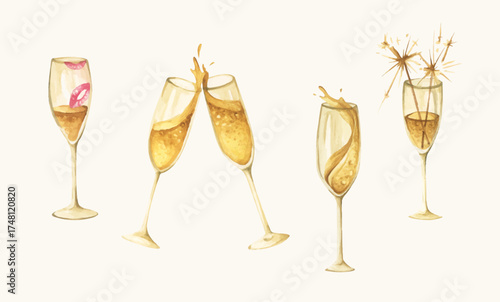 Hand Drawn Romantic Champagne, Wine Glass. Elegant Party Toast for Wedding and Anniversary. Watercolor illustration.