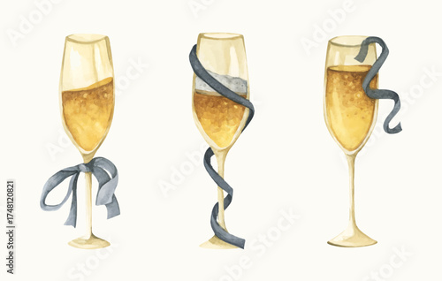 Hand Drawn Romantic Champagne, Wine Glass. Elegant Party Toast for Wedding and Anniversary. Watercolor illustration.