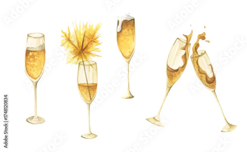 Hand Drawn Romantic Champagne, Wine Glass. Elegant Party Toast for Wedding and Anniversary. Watercolor illustration.