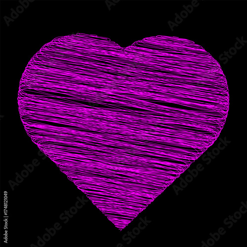 Scribble Heart vector illustration,  A pink purple heart drawn with scribbled lines isolated on a black background 
